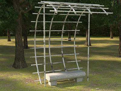 Modern Outdoor Metal Arched Structure With Stone Bench Grass And Trees 3d model