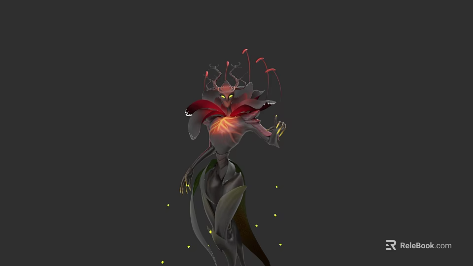 Mystical Character Creature With Red Petal Like Structure Glowing Core Yellow Eyes And Green Limbs 3d model 