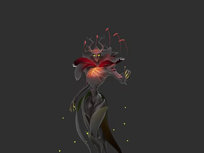 Mystical Character Creature With Red Petal Like Structure Glowing Core Yellow Eyes And Green Limbs 3d model