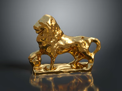 Golden Lion Sculpture Carving With Standing Pose And Shiny Ball On Base 3d model