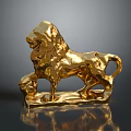 Golden Lion Sculpture Carving With Standing Pose And Shiny Ball On Base