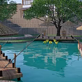 Scenic Chinese Traditional Buildings Leisure Area With Pond Wooden Walkway And Thatched Umbrellas
