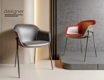 Modern Leather Dining Chairs With Metal Legs Gray And Red Design On Display Platform 3d model