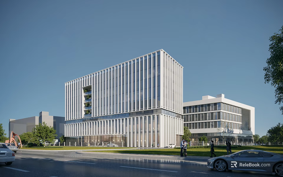 Modern Office Building Exterior With Glass Curtain Wall Linear Design And Roadside Greenery 3d model 