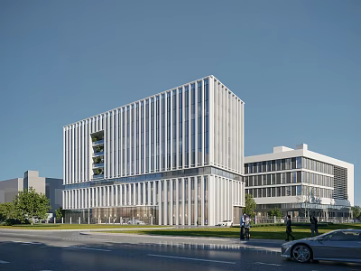 Modern Office Building Exterior With Glass Curtain Wall Linear Design And Roadside Greenery 3d model