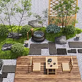 Natural Garden Courtyard With Wooden Deck Table Chairs Stones Green Plants And Bamboo Lattice