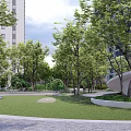 Modern Garden Landscape Design With Lush Trees Circular Green Roof And Stone Pathway