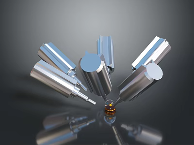 Silver Metal Household Tools Surrounding Central Small Object With Reflective Base 3d model