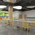 Modern Cafeteria Interior With Waste Sorting Area And Bright Lighting Tables Chairs 3d model