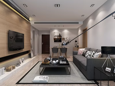 Modern Living Room Interior With Gray Sofa Black Coffee Table TV And Recessed Lighting 3d model
