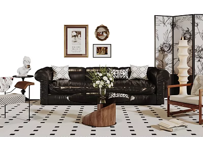Leather Sofa and Coffee Table Set with Wooden Top Throw Pillows Checkered Rug and Paintings 3d model