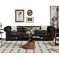 Leather Sofa and Coffee Table Set with Wooden Top Throw Pillows Checkered Rug and Paintings