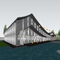 Modern Sales Office with Curved Roof Glass Curtain Walls White Columns Lawn and Water Pool
