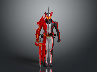 Armor Clad Character With Red Dragon Creature Spiked Helmet And Sword In Black White Armor 3d model