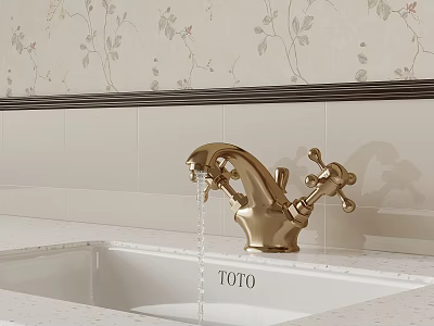 Golden TOTO Faucet Dripping Water In Bathroom With Floral Wallpaper And White Vanity Top 3d model