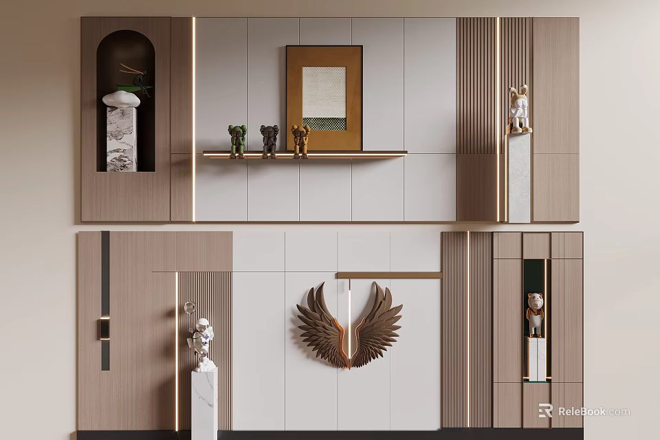 Modern Sofa Backdrop Wall With Shelves Art Decor And Sculptures 3d model