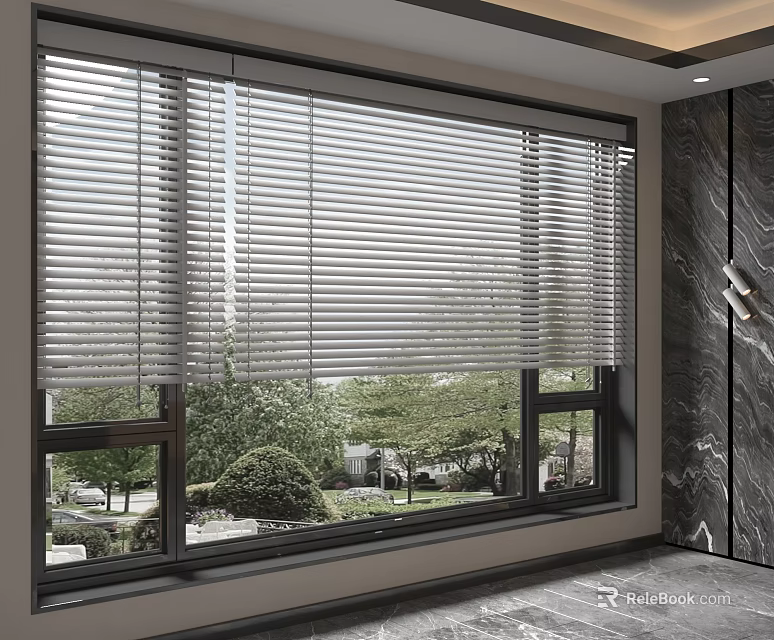 Floor to Ceiling Window with Blinds and Outdoor Green Plant View in Modern Interior 3d model 