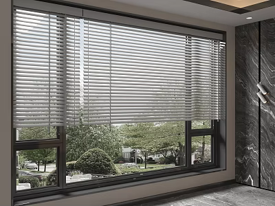 Floor to Ceiling Window with Blinds and Outdoor Green Plant View in Modern Interior 3d model