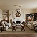 Classic Cozy Living Room Interior With Chandelier Fireplace Round Mirror And Wooden Coffee Tables