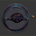 3D Character Creature with Horns Purple Blue Attire Standing on Decorative Pedestal Near Blue Sword