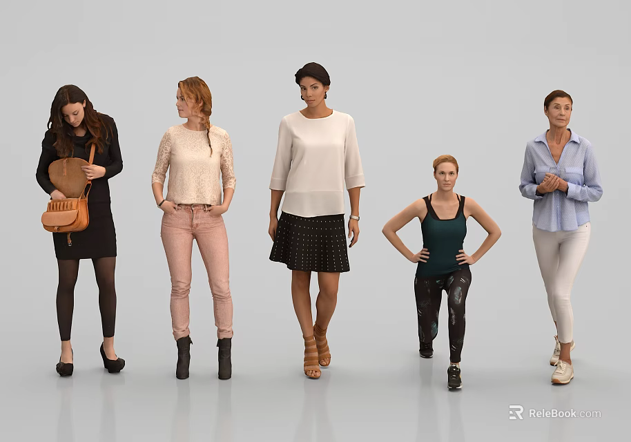 Multiple Women In Various Clothing Styles Standing On White Background With Different Poses 3d model 
