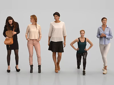 Multiple Women In Various Clothing Styles Standing On White Background With Different Poses 3d model