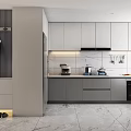 Modern Kitchen Interior With Silver Double door Refrigerator Gray Cabinets Marble Countertop And Built in Oven