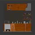Wooden Kitchen Interior Design With Cabinets Microwave Oven Range Hood Window And Stool