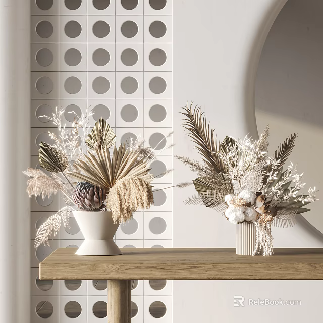 Dried Pampas Grass Palm Leaves Cotton in Vases Decor Wooden Table Polka Dot Wall 3d model 