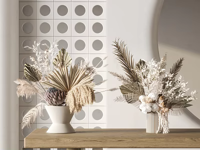 Dried Pampas Grass Palm Leaves Cotton in Vases Decor Wooden Table Polka Dot Wall 3d model