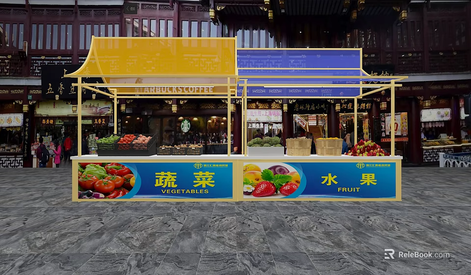 Fresh Fruit Store Stall With Yellow Blue Canopy In Traditional Market 3d model 