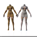 Fashion Mannequins In Fitted Golden And White Designer Outfits With Long Boots