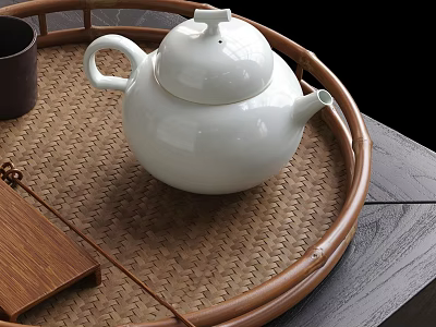 White Ceramic Teapot On Bamboo Tray With Wooden Tea Accessories 3d model