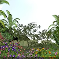 Tall Trees in Lush Garden with Colorful Flowers and Palm Trees Under Blue Sky