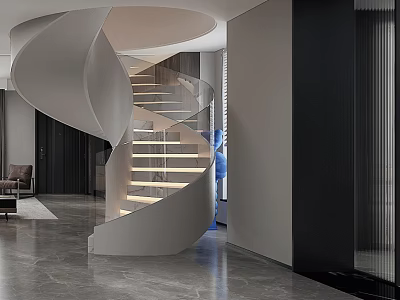 Elegant Modern Spiral Staircase Interior Design With Lighted Steps And Glass Railing 3d model