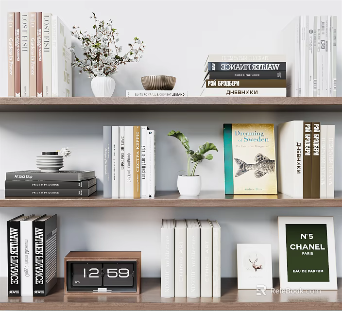 Stylish Decorative Ornament Combination With Books Small Plants Clock And Photo Frame On Wooden Bookshelves 3d model 