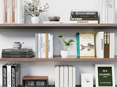 Stylish Decorative Ornament Combination With Books Small Plants Clock And Photo Frame On Wooden Bookshelves 3d model