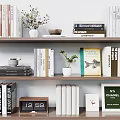 Stylish Decorative Ornament Combination With Books Small Plants Clock And Photo Frame On Wooden Bookshelves
