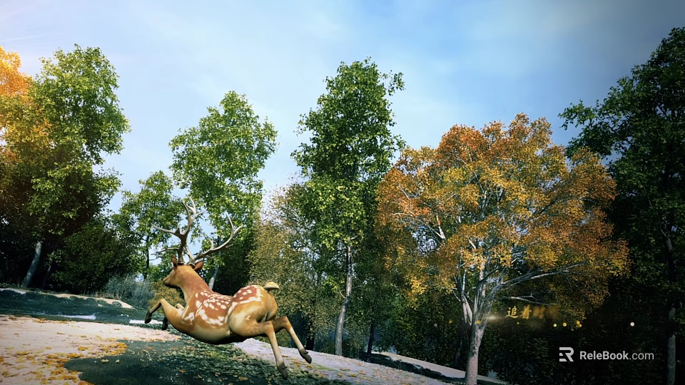 Reptile Lizard Crawling On Tree Trunk With Green And Yellow Leaves Under Blue Sky 3d model 