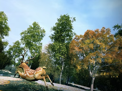 Reptile Lizard Crawling On Tree Trunk With Green And Yellow Leaves Under Blue Sky 3d model