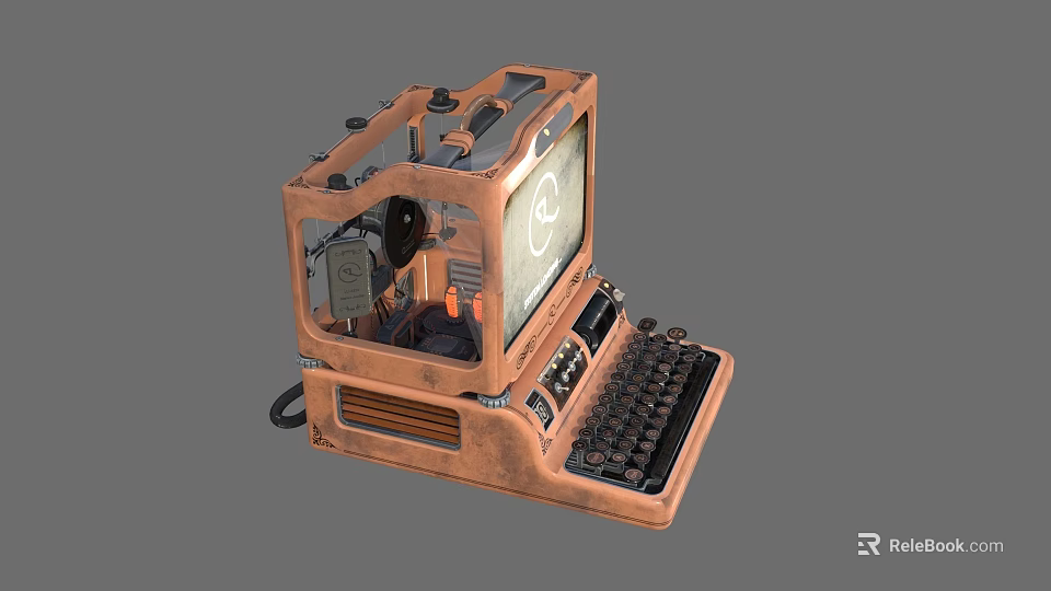Vintage Mechanical Device With Copper Metal Frame Screen And Keyboard Components 3d model 