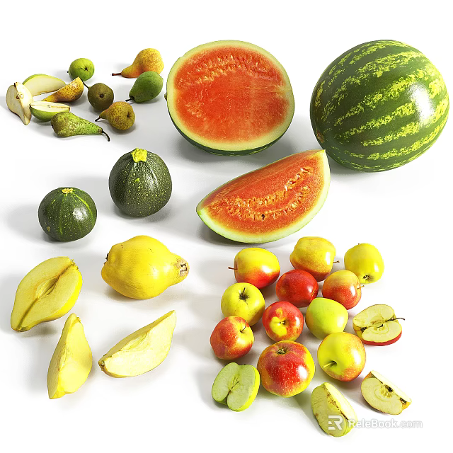Fresh Assorted Fruits With Whole And Sliced Watermelon Pears And Apples On White Background 3d model 