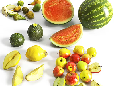 Fresh Assorted Fruits With Whole And Sliced Watermelon Pears And Apples On White Background 3d model