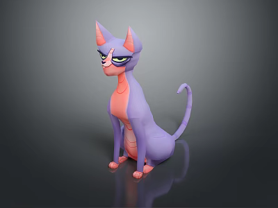 Cute Purple And Pink Cartoon Cat With Pointed Ears Slender Tail Sitting 3d model