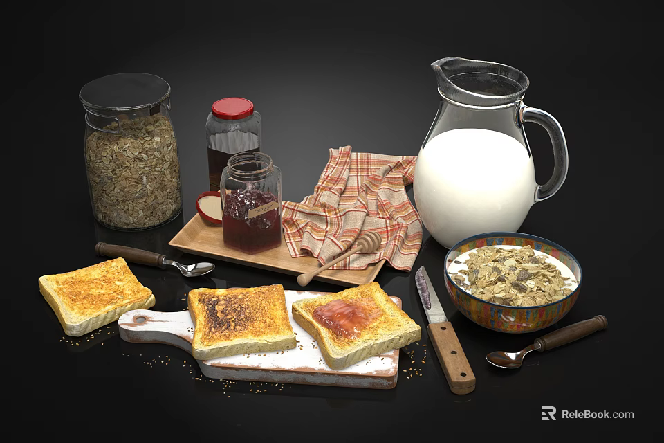 Practical Kitchen Utensils With Glass Jars Knife Spoon Checkered Cloth And Toast Oats Milk Jam 3d model 