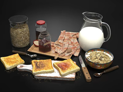 Practical Kitchen Utensils With Glass Jars Knife Spoon Checkered Cloth And Toast Oats Milk Jam 3d model