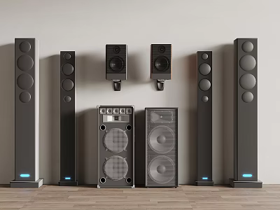 Collection of Various Floor Standing and Wall Mounted Audio Speakers Displayed Against Wall 3d model