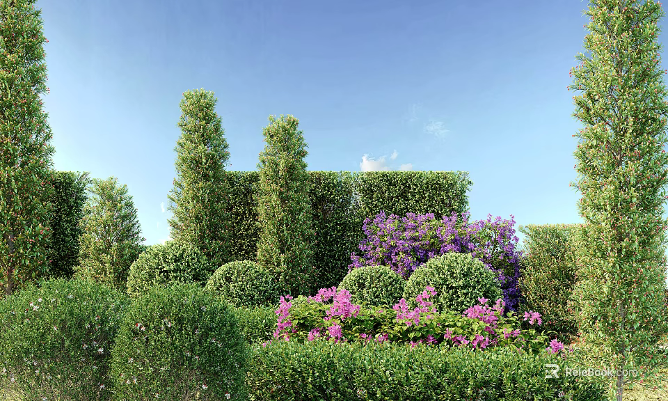 Well Pruned Garden Shrubs With Columnar Rounded Shapes And Purple Pink Flowers Against Blue Sky 3d model 