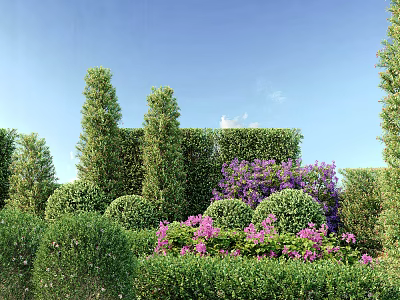 Well Pruned Garden Shrubs With Columnar Rounded Shapes And Purple Pink Flowers Against Blue Sky 3d model