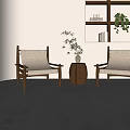 Modern Lounge Chairs With Wooden Frame And Fabric Cushion Near Decorative Vase And Plant Shelves